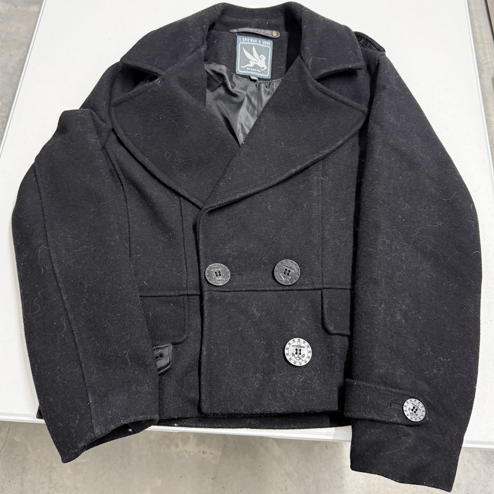 I. Spiewak & Sons Pea Coat Large Black Good Double Breasted Wool Blend Jacket